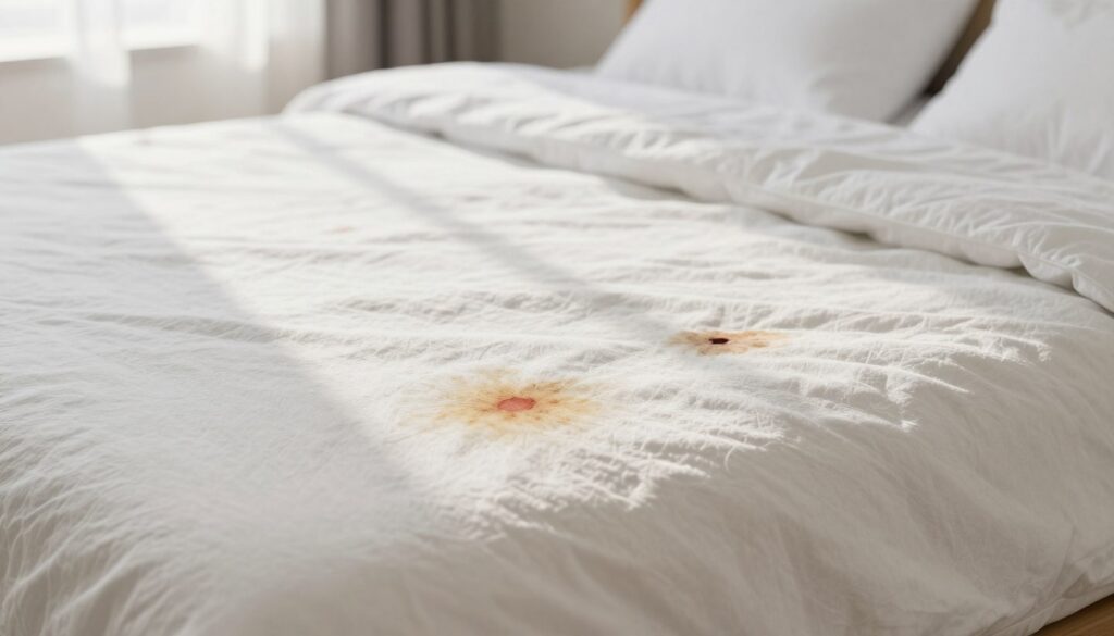 A close-up view of a lightly stained mattress on a neatly made bed. The foreground captures various types of stains: a yellowish mark, a small red spot, and a dark discoloration. The middle section shows the bed's soft, textured fabric, highlighting its upholstery details. In the background, soft natural light streams through a window, casting gentle shadows and illuminating the bedding. The scene is tidy and homey, with subtle colors that evoke a sense of calmness. A fresh, clean bedspread adds a contrast to the stains, emphasizing the focus on the cleaning challenge. The overall mood is serene and informative, suitable for an article about cleaning methods for different types of stains. A close-up view of a lightly stained mattress on a neatly made bed. The foreground captures various types of stains: a yellowish mark, a small red spot, and a dark discoloration. The middle section shows the bed's soft, textured fabric, highlighting its upholstery details. In the background, soft natural light streams through a window, casting gentle shadows and illuminating the bedding. The scene is tidy and homey, with subtle colors that evoke a sense of calmness. A fresh, clean bedspread adds a contrast to the stains, emphasizing the focus on the cleaning challenge. The overall mood is serene and informative, suitable for an article about cleaning methods for different types of stains.