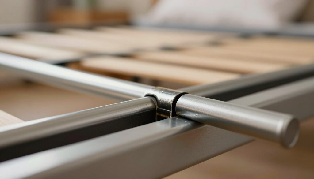 A close-up view of a metallic bed frame with visible joints, showcasing the friction between two metal parts. The foreground features shiny metal surfaces, highlighting wear and potential areas where noise originates due to friction. In the middle, focus on the connection points where the metal meets, possibly with small signs of lubricant application to indicate maintenance efforts. The background softly blurred, suggesting a cozy bedroom setting with warm, diffused lighting that creates an inviting atmosphere. The image should be captured with a macro lens to emphasize texture and detail, revealing the intricacies of metal-to-metal contact. The mood is practical and informative, translating the importance of quieting a bed frame.