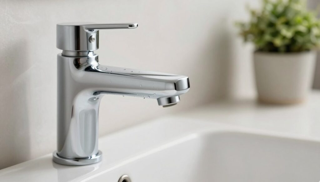 A close-up view of a modern bathroom faucet (armatury) made of polished chrome, showcasing its sleek design and shiny surface. The faucet is positioned prominently in the foreground, focusing on intricate details like the spout and handles. Soft, natural lighting highlights the reflective texture, revealing gentle water droplets clinging to the surface, emphasizing cleanliness. In the background, a blurred bathroom sink and a decorative potted plant add a touch of warmth and serenity to the scene. The mood is fresh and inviting, ideal for demonstrating proper care methods without scratching the surface of the faucet. The angle captures both the height and elegance of the fixture, ensuring the image is aesthetically pleasing and informative. A close-up view of a modern bathroom faucet (armatury) made of polished chrome, showcasing its sleek design and shiny surface. The faucet is positioned prominently in the foreground, focusing on intricate details like the spout and handles. Soft, natural lighting highlights the reflective texture, revealing gentle water droplets clinging to the surface, emphasizing cleanliness. In the background, a blurred bathroom sink and a decorative potted plant add a touch of warmth and serenity to the scene. The mood is fresh and inviting, ideal for demonstrating proper care methods without scratching the surface of the faucet. The angle captures both the height and elegance of the fixture, ensuring the image is aesthetically pleasing and informative.