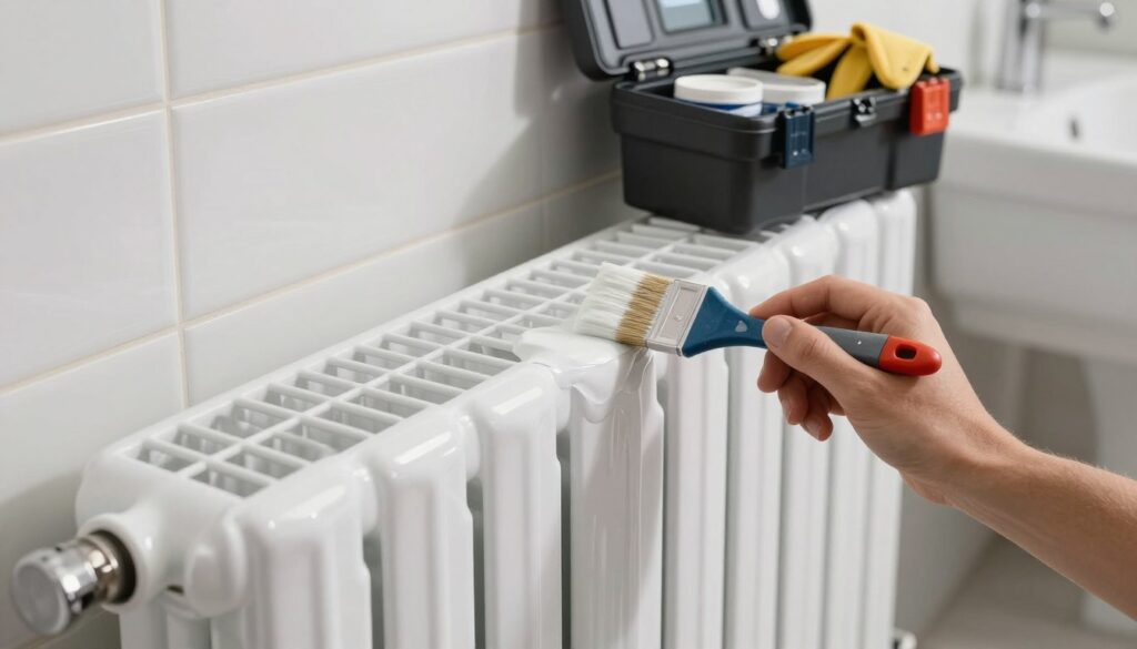 A close-up view of a modern bathroom radiator in a stylish setting. The radiator is sleek and shiny, painted in a bright white color, with a smooth finish that reflects the ambient light. In the foreground, showcase a professional painter's hand applying a high-quality, moisture-resistant paint on the radiator, using a brush with careful precision. The middle ground features an organized toolbox with paint supplies and protective gear, emphasizing the theme of home improvement. The background displays soft-focus elements of a contemporary bathroom, such as elegant tiles and soft lighting, creating an inviting atmosphere. The overall mood is focused and purposeful, highlighting the transformation of the radiator in a well-maintained, modern environment. A close-up view of a modern bathroom radiator in a stylish setting. The radiator is sleek and shiny, painted in a bright white color, with a smooth finish that reflects the ambient light. In the foreground, showcase a professional painter's hand applying a high-quality, moisture-resistant paint on the radiator, using a brush with careful precision. The middle ground features an organized toolbox with paint supplies and protective gear, emphasizing the theme of home improvement. The background displays soft-focus elements of a contemporary bathroom, such as elegant tiles and soft lighting, creating an inviting atmosphere. The overall mood is focused and purposeful, highlighting the transformation of the radiator in a well-maintained, modern environment.