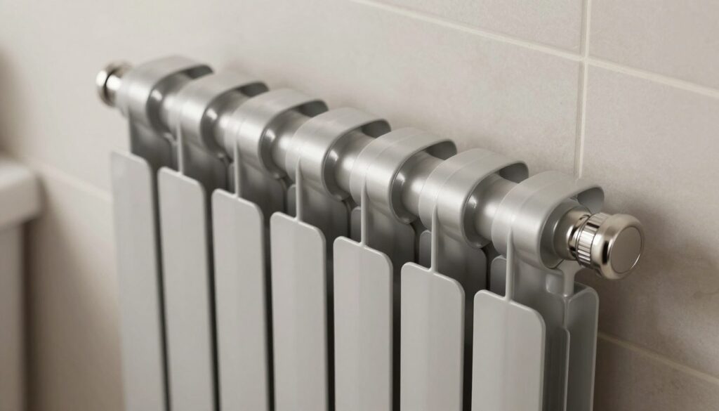 A close-up view of a modern bathroom radiator made of high-quality stainless steel and coated with a sleek matte finish. The radiator features elegant, curved lines that complement the bathroom's contemporary design. Soft, natural lighting illuminates the scene, enhancing the texture of the metal and casting gentle shadows. In the background, a stylishly tiled bathroom wall with neutral tones subtly blends the radiator into the overall décor, signaling durability in a humid environment. The angle is slightly tilted, allowing viewers to appreciate both the radiator's design and its practicality. The atmosphere is calm and refined, showcasing the radiator as an essential, stylish element in bathroom heating solutions.