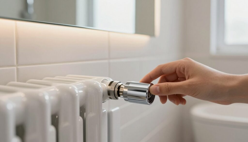A close-up view of a modern bathroom radiator with a sleek, minimalist design, showcasing the valve where the air can be released. The foreground captures the shiny, chrome radiator valve with a delicate hand gently turning it, illustrating the process of bleeding the radiator. The middle background features a softly lit, stylish bathroom setting with light-colored tiles and a large mirror reflecting the warm ambiance. Natural light filters in through a window, creating a calm and inviting atmosphere. The scene is devoid of any clutter, highlighting the focus on the radiator and the careful action being performed. The overall mood is serene and practical, conveying a sense of ease in handling the task. A close-up view of a modern bathroom radiator with a sleek, minimalist design, showcasing the valve where the air can be released. The foreground captures the shiny, chrome radiator valve with a delicate hand gently turning it, illustrating the process of bleeding the radiator. The middle background features a softly lit, stylish bathroom setting with light-colored tiles and a large mirror reflecting the warm ambiance. Natural light filters in through a window, creating a calm and inviting atmosphere. The scene is devoid of any clutter, highlighting the focus on the radiator and the careful action being performed. The overall mood is serene and practical, conveying a sense of ease in handling the task.
