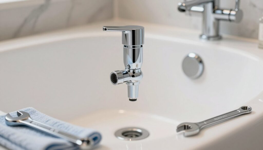 A close-up view of a modern bathtub drain assembly, showcasing a high-quality bath siphon with intricate details. In the foreground, the siphon is prominently displayed, glistening with polished chrome, surrounded by essential tools like a wrench and cleaning cloth. The middle ground features a stylish bathtub with a sleek design, complemented by a marble backsplash, while soft, diffused lighting enhances the chrome's shine. In the background, blurred outlines of plumbing fixtures hint at an elegant bathroom setting. The image conveys a professional atmosphere, emphasizing the importance of matching the siphon type to different bathtub styles and drainage configurations, while ensuring a tidy and sophisticated appearance throughout. A close-up view of a modern bathtub drain assembly, showcasing a high-quality bath siphon with intricate details. In the foreground, the siphon is prominently displayed, glistening with polished chrome, surrounded by essential tools like a wrench and cleaning cloth. The middle ground features a stylish bathtub with a sleek design, complemented by a marble backsplash, while soft, diffused lighting enhances the chrome's shine. In the background, blurred outlines of plumbing fixtures hint at an elegant bathroom setting. The image conveys a professional atmosphere, emphasizing the importance of matching the siphon type to different bathtub styles and drainage configurations, while ensuring a tidy and sophisticated appearance throughout.