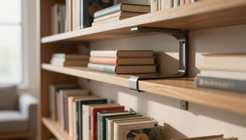 A close-up view of a modern bookshelf system featuring hidden shelf brackets, showcasing clever, inconspicuous mounting techniques. In the foreground, focus on the bracket system seamlessly integrated into the wooden shelving with sleek lines and smooth finishes. The middle-ground displays neatly arranged books of various colors and sizes stacked on the shelves, creating a visually pleasing and organized atmosphere. The background features a softly blurred living room setting with warm lighting that enhances the inviting ambiance of the space. The image should evoke a sense of elegance and functionality, emphasizing the innovation of hidden supports without visible hardware. Utilize natural light streaming through a nearby window, casting gentle shadows that highlight the craftsmanship of the shelving.