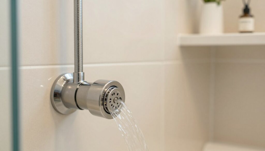 A close-up view of a modern shower drain system emphasizing its flow capacity, showcasing a sleek, stainless steel siphon under a transparent shower enclosure. The foreground features the siphon in great detail, highlighting its design and functionality with water flowing efficiently through it. In the middle ground, a stylish shower tile background complements the scene, reflecting soft, warm light to create a clean and inviting atmosphere. The background includes minimalistic bathroom accessories to maintain focus on the drain. The image should use natural lighting to enhance the textures of the materials and create a serene mood, perfect for discussing shower drainage solutions, capturing the essence of efficient water flow.