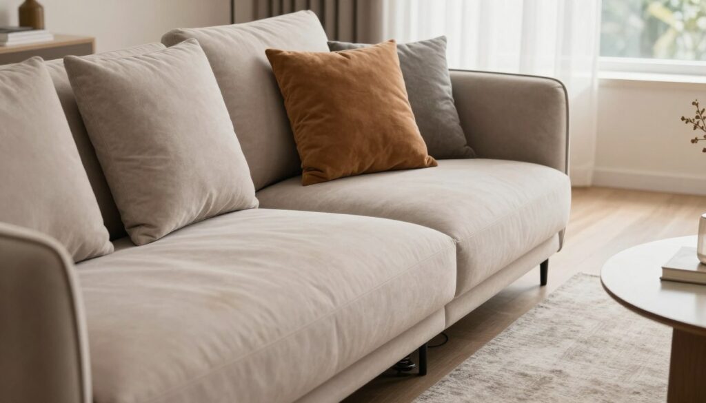 A close-up view of a modern sofa corner featuring a well-designed seat cushion that emphasizes comfort and ergonomics. The foreground showcases plush foam cushions with soft upholstery, highlighting various textures and colors that invite relaxation. In the middle, a neatly arranged corner of the sofa reveals supportive springs designed for optimal seating comfort. The background includes a softly lit living space with natural light filtering through sheer curtains, creating a warm and inviting atmosphere. A stylish coffee table with minimalistic decor complements the scene, enhancing the overall sense of tranquility and home comfort. The image should convey a sense of coziness and sophistication, intentionally designed for a relaxation zone.