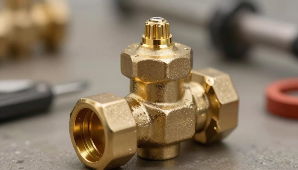 A close-up view of a polished brass valve, showcasing its intricate details and gleaming surface, emphasizing its durability and resistance to corrosion. The foreground features the valve with reflections glinting off its metallic surface, highlighting the craftsmanship and quality of the material. In the middle ground, a soft-focus background displays a blurred industrial setting, hinting at plumbing components and tools, enhancing the technical atmosphere. The image is illuminated with soft, warm lighting to create a sense of reliability and sophistication. The angle should be slightly above the valve to capture both the upper contours and the intricate connections, conveying a professional, informative mood that resonates with craftsmanship and durability.