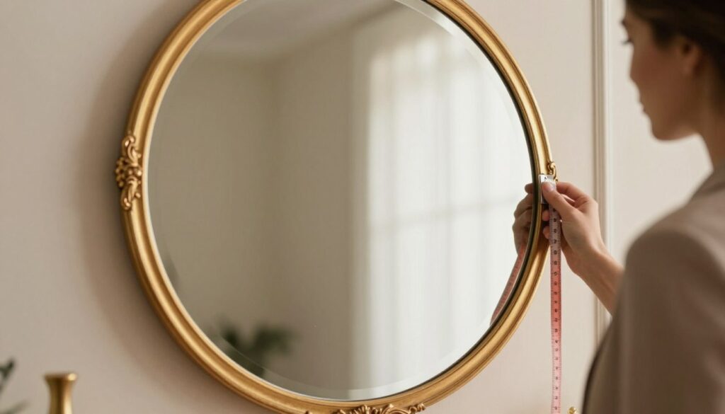 A close-up view of a premium round mirror with a unique flat-cut edge, displayed prominently against an elegant, softly blurred interior background. The mirror's frame is ornate, made of polished gold with intricate detailing, showcasing the luxurious feel. The lighting is warm and soft, highlighting the reflective surface of the mirror and casting gentle shadows that accentuate its shape. In the foreground, a stylishly dressed interior designer in professional attire elegantly examines the mirror's dimensions with a measuring tape, embodying sophistication and attention to detail. The atmosphere is refined and focused, emphasizing proportions and the individuality of the cut, perfect for an upscale living space. A close-up view of a premium round mirror with a unique flat-cut edge, displayed prominently against an elegant, softly blurred interior background. The mirror's frame is ornate, made of polished gold with intricate detailing, showcasing the luxurious feel. The lighting is warm and soft, highlighting the reflective surface of the mirror and casting gentle shadows that accentuate its shape. In the foreground, a stylishly dressed interior designer in professional attire elegantly examines the mirror's dimensions with a measuring tape, embodying sophistication and attention to detail. The atmosphere is refined and focused, emphasizing proportions and the individuality of the cut, perfect for an upscale living space.