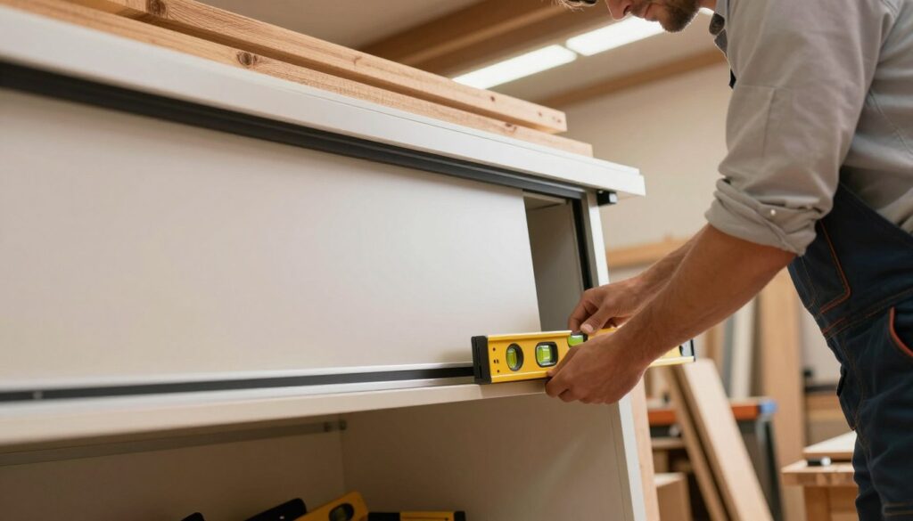 A close-up view of a professional carpenter carefully positioning a sliding wardrobe door on its track. In the foreground, the carpenter, dressed in a clean work shirt and jeans, focuses intently on adjusting the door's alignment, using a level tool to ensure precision. The middle ground features the sleek, modern sliding door with a smooth finish, partially mounted in its frame, showcasing the track system below. The background is filled with workshop tools and wooden beams, softly illuminated by warm overhead lighting, creating a cozy yet professional atmosphere. The angle is slightly tilted to emphasize the action and highlight the detailed craftsmanship involved in the installation process. A close-up view of a professional carpenter carefully positioning a sliding wardrobe door on its track. In the foreground, the carpenter, dressed in a clean work shirt and jeans, focuses intently on adjusting the door's alignment, using a level tool to ensure precision. The middle ground features the sleek, modern sliding door with a smooth finish, partially mounted in its frame, showcasing the track system below. The background is filled with workshop tools and wooden beams, softly illuminated by warm overhead lighting, creating a cozy yet professional atmosphere. The angle is slightly tilted to emphasize the action and highlight the detailed craftsmanship involved in the installation process.