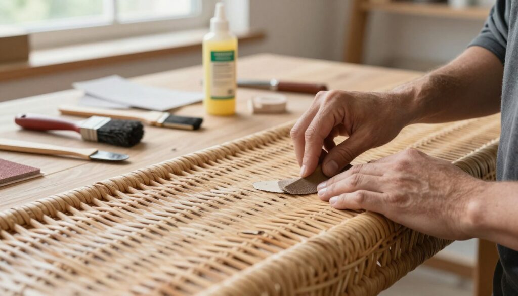 A close-up view of a rattan furniture piece being prepared for restoration, showcasing the intricate textures of the rattan fibers. In the foreground, a skilled craftsman in modest casual clothing is carefully sanding the surface to smooth out cracks and imperfections. The middle ground features an array of restoration tools such as sandpaper, glue, and a small brush, neatly organized on a wooden table. In the background, soft natural light streams through a window, illuminating the workspace and creating a warm, inviting atmosphere. The overall mood conveys professionalism and attention to detail, emphasizing the importance of surface preparation in furniture restoration.