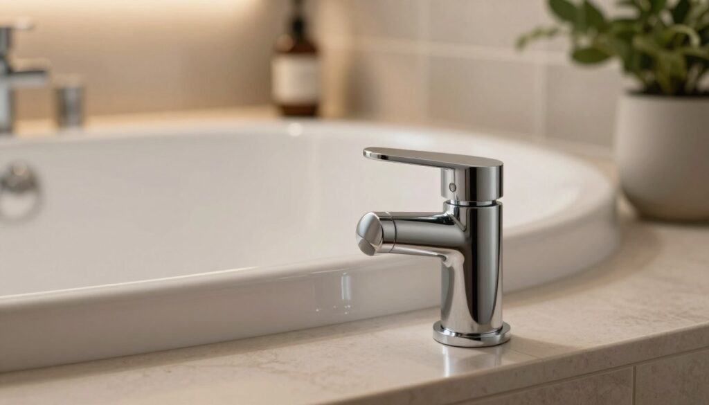 A close-up view of a sleek, modern automatic bath plug (korek automatyczny) displayed on a stylish bathroom counter. The foreground features the polished chrome finish of the plug with a smooth, round design catching reflections of soft ambient light. In the middle, a beautifully designed bath tub is partially visible, styled in a contemporary manner with subtle textures and a matte finish. The background showcases elegant tile work and soft-focus greenery, creating a relaxing, serene atmosphere. The lighting is warm and inviting, emphasizing the smooth contours of the bath plug and the luxurious surroundings. The image captures a sense of functionality and sophistication, ideal for illustrating a discussion about bath fittings. A close-up view of a sleek, modern automatic bath plug (korek automatyczny) displayed on a stylish bathroom counter. The foreground features the polished chrome finish of the plug with a smooth, round design catching reflections of soft ambient light. In the middle, a beautifully designed bath tub is partially visible, styled in a contemporary manner with subtle textures and a matte finish. The background showcases elegant tile work and soft-focus greenery, creating a relaxing, serene atmosphere. The lighting is warm and inviting, emphasizing the smooth contours of the bath plug and the luxurious surroundings. The image captures a sense of functionality and sophistication, ideal for illustrating a discussion about bath fittings.