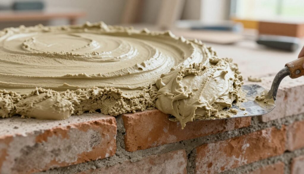 A close-up view of a smooth, creamy mortar mix for grouting bricks, showcasing a detailed texture that highlights its consistency and color variations. The foreground features a trowel partially immersed in the mortar, illustrating the application process. In the middle, there is a clean, rustic brick wall partially grouted, displaying both cured and freshly applied areas to emphasize the importance of the right consistency. The background should softly blur, hinting at a workshop with tools and materials related to masonry. Soft, natural daylight filters in, creating a warm, inviting atmosphere that conveys professionalism and craftsmanship. Focused, slightly overhead angle to capture the details effectively. A close-up view of a smooth, creamy mortar mix for grouting bricks, showcasing a detailed texture that highlights its consistency and color variations. The foreground features a trowel partially immersed in the mortar, illustrating the application process. In the middle, there is a clean, rustic brick wall partially grouted, displaying both cured and freshly applied areas to emphasize the importance of the right consistency. The background should softly blur, hinting at a workshop with tools and materials related to masonry. Soft, natural daylight filters in, creating a warm, inviting atmosphere that conveys professionalism and craftsmanship. Focused, slightly overhead angle to capture the details effectively.