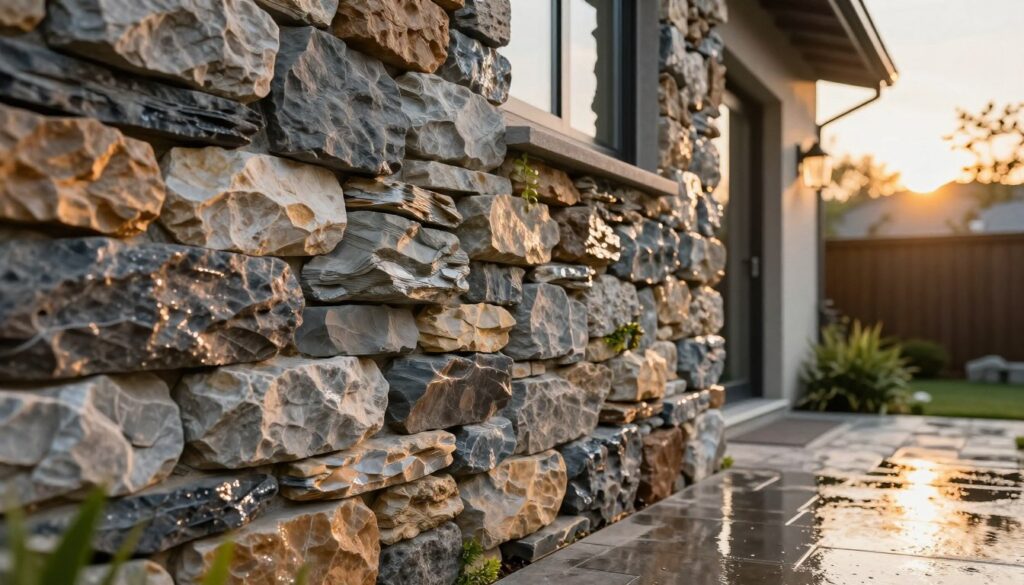 A close-up view of a stunning natural stone facade on a modern home, showcasing various textures and colors of the stones, emphasizing the premium quality. The foreground features intricately layered stones with a wet sheen, capturing reflections from recent rain, creating a fresh, inviting atmosphere. In the middle, the facade showcases the sturdy arrangement of stones interspersed with subtle greenery, hinting at durability and comfort. The background highlights a soft-focus garden, bathed in warm golden sunlight during the golden hour, enhancing the elegant ambiance. The overall mood is serene and polished, embodying the natural beauty and robustness of stone cladding while inspiring confidence in its winter performance. No text or distractions, just a pure, artistic representation of the concept.