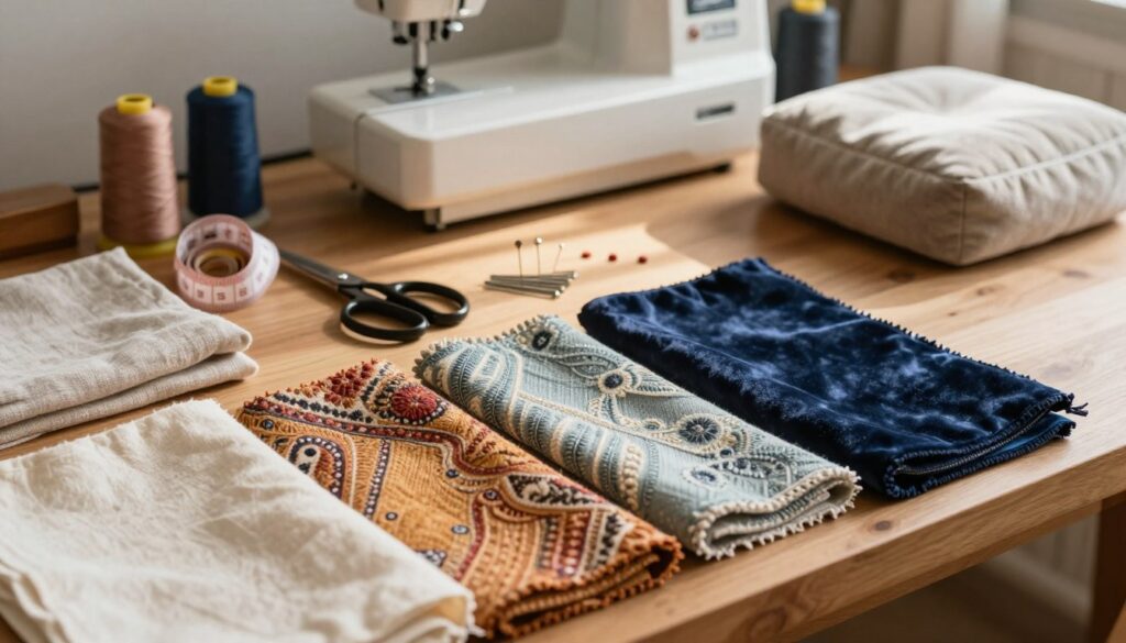A close-up view of a variety of "tkaniny" (fabrics) displayed elegantly on a wooden sewing table. The foreground features swatches of colorful textiles, including cotton, linen, and velvet, with intricate patterns and textures that highlight their quality. In the middle, sewing tools like fabric scissors, measuring tape, and sewing pins are neatly organized, casting soft shadows under warm, natural lighting. The background shows a well-lit sewing machine with spools of thread and a neatly folded square pouf. The overall atmosphere is warm and inviting, evoking a sense of creativity and craftsmanship, perfect for illustrating a sewing project. Capture this scene using a soft focus lens to enhance the textures while keeping the mood cozy and inspiring. A close-up view of a variety of "tkaniny" (fabrics) displayed elegantly on a wooden sewing table. The foreground features swatches of colorful textiles, including cotton, linen, and velvet, with intricate patterns and textures that highlight their quality. In the middle, sewing tools like fabric scissors, measuring tape, and sewing pins are neatly organized, casting soft shadows under warm, natural lighting. The background shows a well-lit sewing machine with spools of thread and a neatly folded square pouf. The overall atmosphere is warm and inviting, evoking a sense of creativity and craftsmanship, perfect for illustrating a sewing project. Capture this scene using a soft focus lens to enhance the textures while keeping the mood cozy and inspiring.