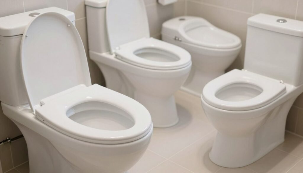 A close-up view of a variety of toilet bowl designs displayed on a sleek, modern bathroom tile floor. In the foreground, showcase a classic round toilet bowl with a standard height, contrasted next to a modern, elongated bowl designed for ergonomics. In the middle, include a child-sized toilet that emphasizes accessibility for younger users, alongside a compact design for individuals with limited mobility. The background features a softly lit environment with neutral tones, enhancing the overall cleanliness and contemporary feel. Use natural lighting to create a bright and inviting atmosphere, with a shallow depth of field focusing on the toilet bowls while subtly blurring the background. The image should evoke a sense of comfort and practicality in bathroom design.