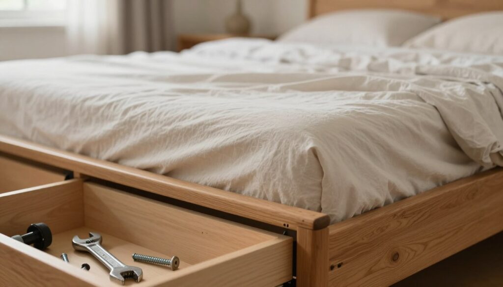 A close-up view of a wooden bed frame in a cozy bedroom, highlighting the joints and slats, where the subtle signs of wear and tear are visible. The foreground features a slightly open drawer with tools such as a wrench and screws, symbolizing DIY efforts to address the creaking sound. In the middle ground, focus on the mattress atop the bed, perfectly made with light-colored linens, hinting at comfort and warmth. The background includes soft, diffused natural light coming through a window, casting gentle shadows, creating a calm and inviting atmosphere. The overall mood is one of intimate domesticity, emphasizing the theme of maintenance and care in everyday life.