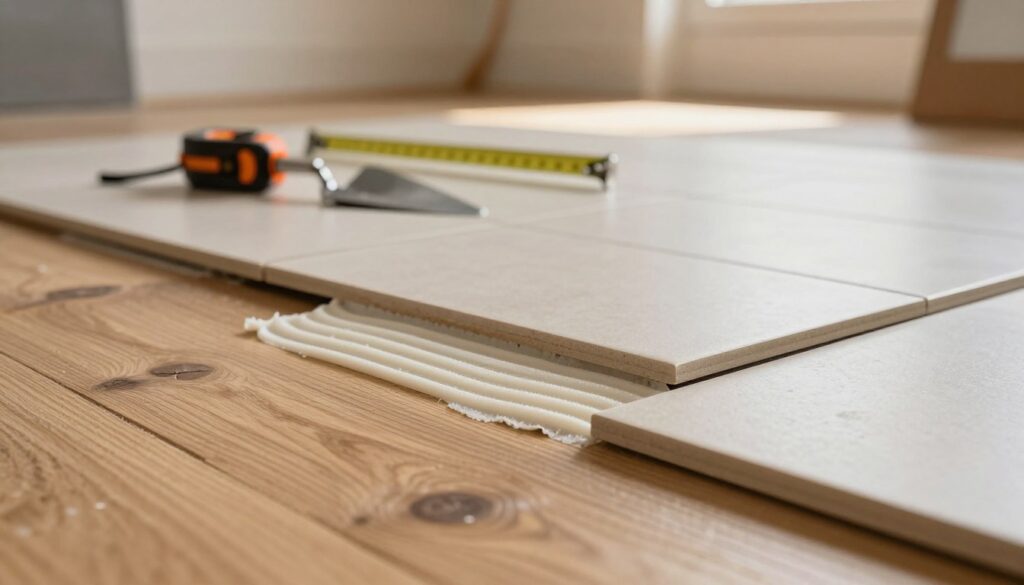 A close-up view of a wooden floor with ceramic tiles partially installed on top, showcasing the texture and detail of both surfaces. In the foreground, emphasize the roughness of the wooden planks and the smoothness of the tiles, including a layer of adhesive that highlights the importance of grip. The middle layer features tools such as a trowel and a measuring tape, arranged neatly to suggest the preparation process. The background should depict a well-lit room, with warm lighting that creates a cozy atmosphere and enhances the natural wood grain. Capture this scene from a low angle to emphasize the stability of the installation, conveying a sense of professionalism and care.