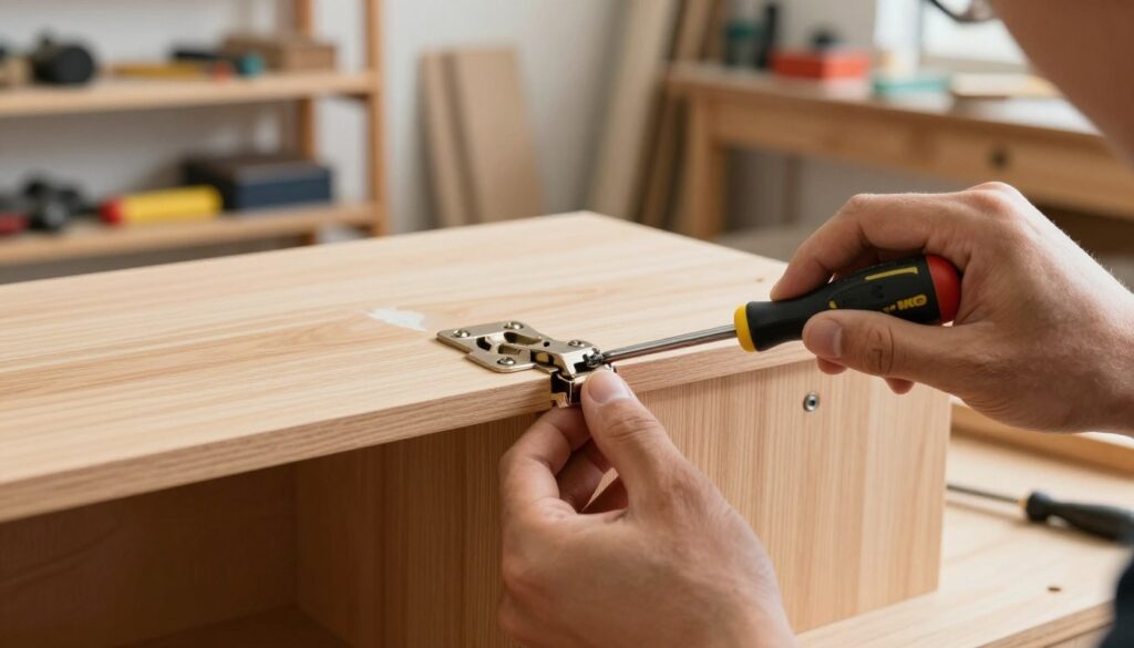 A close-up view of a wooden furniture panel with a detached hinge, showcasing a repair process. In the foreground, focus on a technician's hands, meticulously working with a screwdriver on the hinge, ensuring a precise fit. The middle ground features the partially fixed hinge with the screw being tightened, emphasizing attention to detail. The background includes a soft-focus view of a well-lit workshop, with shelves filled with tools and materials, creating a productive atmosphere. The lighting is bright and natural, casting gentle shadows that highlight the textures of the wood. The composition conveys a sense of craftsmanship and care in furniture repair. A close-up view of a wooden furniture panel with a detached hinge, showcasing a repair process. In the foreground, focus on a technician's hands, meticulously working with a screwdriver on the hinge, ensuring a precise fit. The middle ground features the partially fixed hinge with the screw being tightened, emphasizing attention to detail. The background includes a soft-focus view of a well-lit workshop, with shelves filled with tools and materials, creating a productive atmosphere. The lighting is bright and natural, casting gentle shadows that highlight the textures of the wood. The composition conveys a sense of craftsmanship and care in furniture repair.