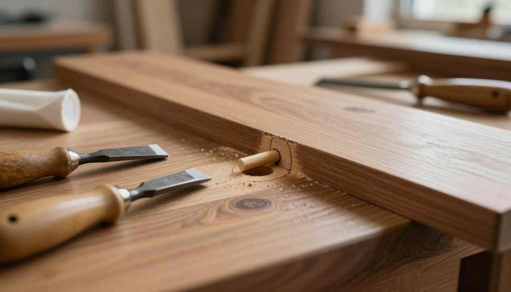 A close-up view of a wooden furniture piece with a focus on a repair area where a wooden dowel has been removed, revealing a circular hole. The foreground prominently displays tools like a small wood chisel and wood filler, emphasizing the repair process. The middle section features a well-crafted wooden surface, showcasing its natural grain and finish, with a slight sheen reflecting soft, warm lighting. In the background, blurred images of a cozy workshop can be seen, filled with additional tools and wood materials, creating an atmosphere of craftsmanship. The overall mood is calm and focused, suggesting a meticulous and careful approach to furniture repair. The angle is slightly above the surface, capturing both the hole and tools in a compelling composition. A close-up view of a wooden furniture piece with a focus on a repair area where a wooden dowel has been removed, revealing a circular hole. The foreground prominently displays tools like a small wood chisel and wood filler, emphasizing the repair process. The middle section features a well-crafted wooden surface, showcasing its natural grain and finish, with a slight sheen reflecting soft, warm lighting. In the background, blurred images of a cozy workshop can be seen, filled with additional tools and wood materials, creating an atmosphere of craftsmanship. The overall mood is calm and focused, suggesting a meticulous and careful approach to furniture repair. The angle is slightly above the surface, capturing both the hole and tools in a compelling composition.