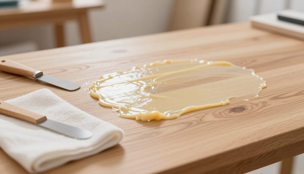 A close-up view of a wooden furniture surface showing two distinct areas: one with freshly applied wax, glistening and creamy in texture, and another with hardened wax that appears matte and uneven. The foreground features tools for wax removal, like a soft cloth and a plastic scraper, neatly arranged beside the wax. In the middle, the wooden grain should be visible, highlighting the contrast between the shiny and dull surfaces. The background consists of a softly blurred, well-lit workshop environment, enhancing the focus on the wax removal process. Use warm, inviting lighting to create a professional and calm atmosphere, capturing the essence of careful home maintenance. A close-up view of a wooden furniture surface showing two distinct areas: one with freshly applied wax, glistening and creamy in texture, and another with hardened wax that appears matte and uneven. The foreground features tools for wax removal, like a soft cloth and a plastic scraper, neatly arranged beside the wax. In the middle, the wooden grain should be visible, highlighting the contrast between the shiny and dull surfaces. The background consists of a softly blurred, well-lit workshop environment, enhancing the focus on the wax removal process. Use warm, inviting lighting to create a professional and calm atmosphere, capturing the essence of careful home maintenance.