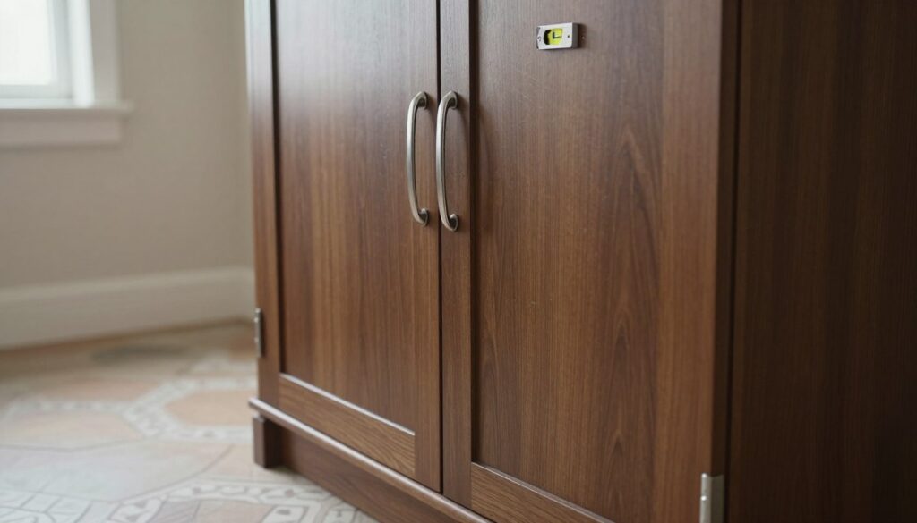 A close-up view of a wooden wardrobe, positioned at an angle to highlight its doors perfectly aligning and closing seamlessly. The wardrobe has a rich, dark finish and elegant silver handles catching the light. A small spirit level rests on top of the wardrobe, indicating it is properly leveled. In the background, the room features a subtly patterned floor to illustrate the uneven surface, with soft, natural light coming from a nearby window, casting gentle shadows. The atmosphere is calm and tidy, conveying a sense of order and accomplishment from correctly leveling the wardrobe.
