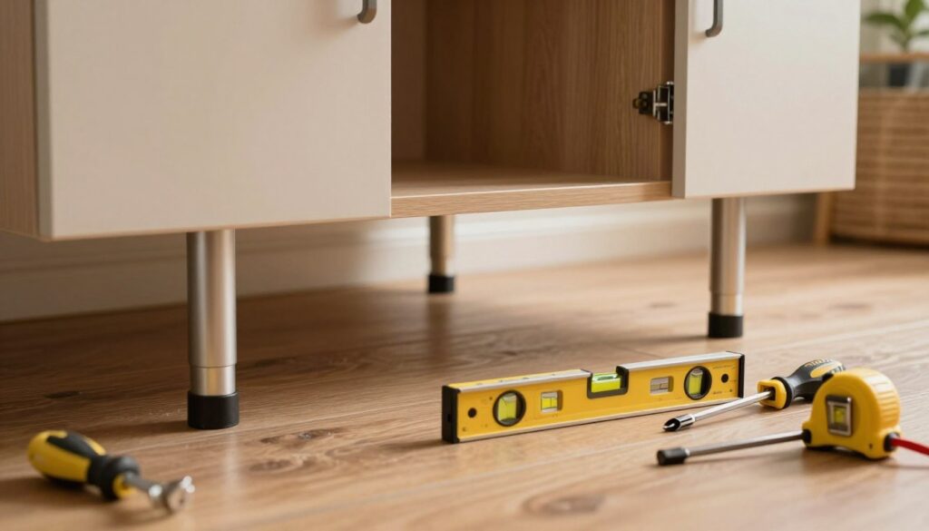 A close-up view of adjustable furniture legs designed for leveling cabinets on uneven floors. The foreground features a beautifully designed cabinet with its doors partially open, highlighting the adjustable legs underneath. In the middle, a set of tools like a spirit level, screwdriver, and measuring tape is arranged neatly on a workbench. The background includes a softly lit room with a slightly uneven floor that the cabinet stands on, showcasing the practicality of the adjustable legs. The lighting is warm and inviting, creating a cozy atmosphere, while the focus is sharp on the legs and tools. The scene presents a professional, home improvement setting that emphasizes durability and functionality, perfect for leveling furniture.
