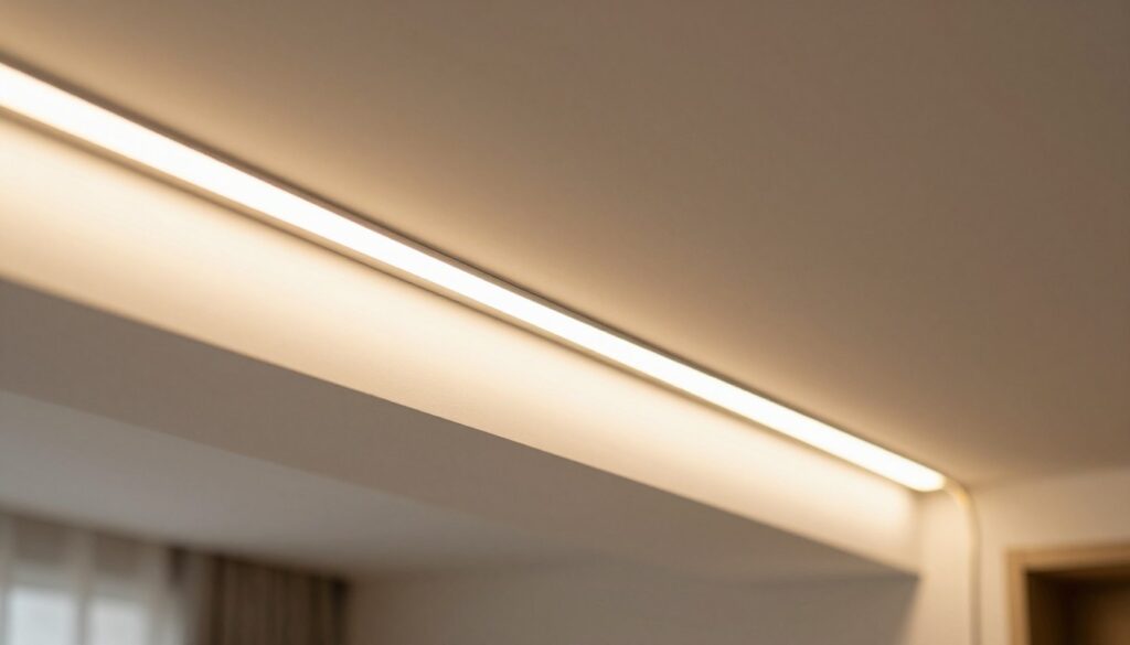 A close-up view of an LED strip installed neatly along the edge of a ceiling, showcasing vivid, warm white light. The LED strip is perfectly aligned, casting a soft glow that highlights the ceiling edges without any shadows or uneven lighting. In the foreground, focus on the flexible LED tape, with a slightly bokeh effect on the edges to draw attention. The middle section displays the ceiling in a modern room, painted in a subtle color to contrast with the bright LED light. The background features a softly lit room ambiance, suggesting comfort and elegance. The atmosphere is warm and inviting, with an emphasis on clean lines and illumination. A close-up view of an LED strip installed neatly along the edge of a ceiling, showcasing vivid, warm white light. The LED strip is perfectly aligned, casting a soft glow that highlights the ceiling edges without any shadows or uneven lighting. In the foreground, focus on the flexible LED tape, with a slightly bokeh effect on the edges to draw attention. The middle section displays the ceiling in a modern room, painted in a subtle color to contrast with the bright LED light. The background features a softly lit room ambiance, suggesting comfort and elegance. The atmosphere is warm and inviting, with an emphasis on clean lines and illumination.
