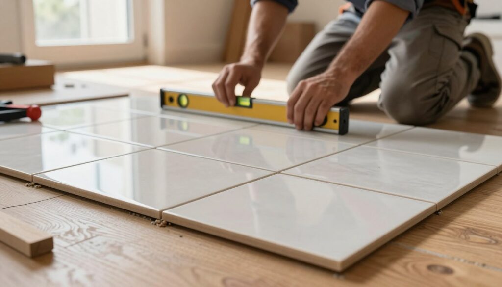 A close-up view of an elegant, newly installed ceramic tile floor on a wooden subfloor, showcasing different techniques for cutting and reinforcing tiles. In the foreground, display a partially installed tile, revealing precision cutting techniques with minor gaps between tiles to accommodate for wood movement. In the middle-ground, include a professional contractor wearing modest work attire, using a level and tile cutter, illustrating the method of installation. The background should depict a warm, inviting space with soft, natural lighting streaming through a window, reflecting off the polished tiles. The atmosphere should be focused and industrious, conveying a sense of professionalism and skill in tile laying over wood.