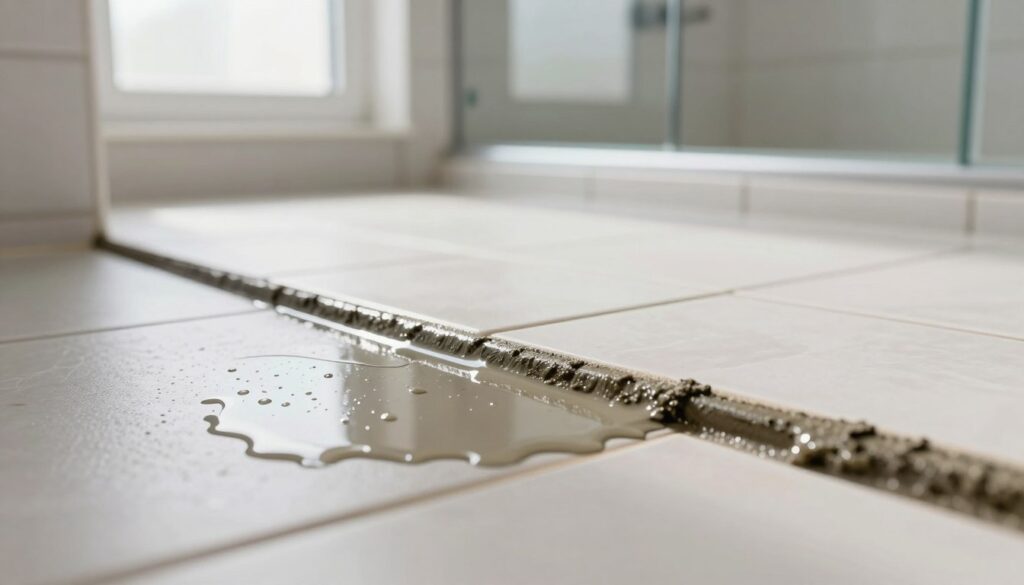 A close-up view of freshly applied grout on a tiled bathroom floor, emphasizing the texture and sheen of the damp material. In the foreground, show the grout's smooth surface with water droplets glistening, indicating its wet state. In the middle ground, display a well-lit bathroom setting with bright, natural light entering through a window, highlighting a few clean tiles adjacent to the grout, suggesting the area is ready for cleaning. The background can include a modern shower with soft-focus details, enhancing a serene, clean atmosphere. The mood is calm and organized, emphasizing efficiency and cleanliness. The scene should feel inviting and practical, perfect for a home improvement theme.