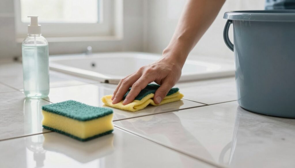 A close-up view of freshly grouted tiles waiting to be cleaned, showcasing the contrast between the dark grout lines and the glossy tiles. In the foreground, a sponge and a bucket of cleaning solution sit ready for use, reflecting the light and emphasizing cleanliness. The middle ground features a hand reaching down to wipe the grout, illustrating the careful technique involved in the process. The background reveals a bright and airy bathroom setting with soft natural light streaming in from a window, enhancing the serene and orderly atmosphere. The overall mood conveys a sense of preparation and attentiveness, ideal for illustrating the appropriate time to clean grout after installation.