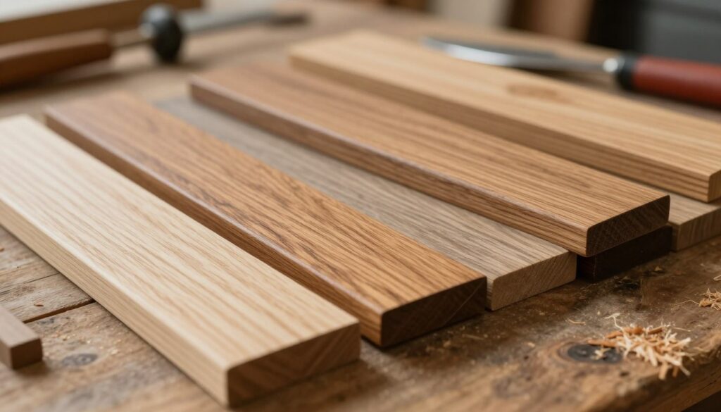 A close-up view of hand-sanded wooden samples, highlighting the durability and abrasion resistance of different wood types suitable for interior stairs. Each sample showcases unique grain patterns and color variations, arranged on a rustic wooden surface. The lighting is soft and warm, emphasizing the textures and details of the wood, with a shallow depth of field to create a bokeh effect in the background. In the background, subtle hints of a workshop environment are visible, such as tools and wood shavings, adding to the authenticity of the scene. The overall mood is professional and inviting, reflecting the qualities of reliable and aesthetically pleasing wood for stair construction. A close-up view of hand-sanded wooden samples, highlighting the durability and abrasion resistance of different wood types suitable for interior stairs. Each sample showcases unique grain patterns and color variations, arranged on a rustic wooden surface. The lighting is soft and warm, emphasizing the textures and details of the wood, with a shallow depth of field to create a bokeh effect in the background. In the background, subtle hints of a workshop environment are visible, such as tools and wood shavings, adding to the authenticity of the scene. The overall mood is professional and inviting, reflecting the qualities of reliable and aesthetically pleasing wood for stair construction.