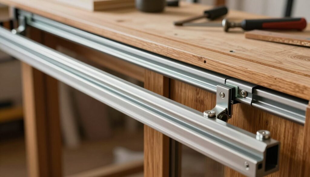 A close-up view of high-quality sliding door tracks (prowadnice) installed on a wooden frame, showcasing the intricate details of the metal components and smooth rollers. In the foreground, the sleek, polished tracks glint under warm, natural lighting, emphasizing their precision engineering. The middle layer features partially installed sliding doors with a rich wood texture, demonstrating how they align perfectly with the tracks. The background is softly blurred, hinting at a cozy workshop environment with tools and materials neatly arranged. The mood is focused and professional, ideal for illustrating a montage of assembly and installation processes, radiating a sense of craftsmanship and attention to detail.