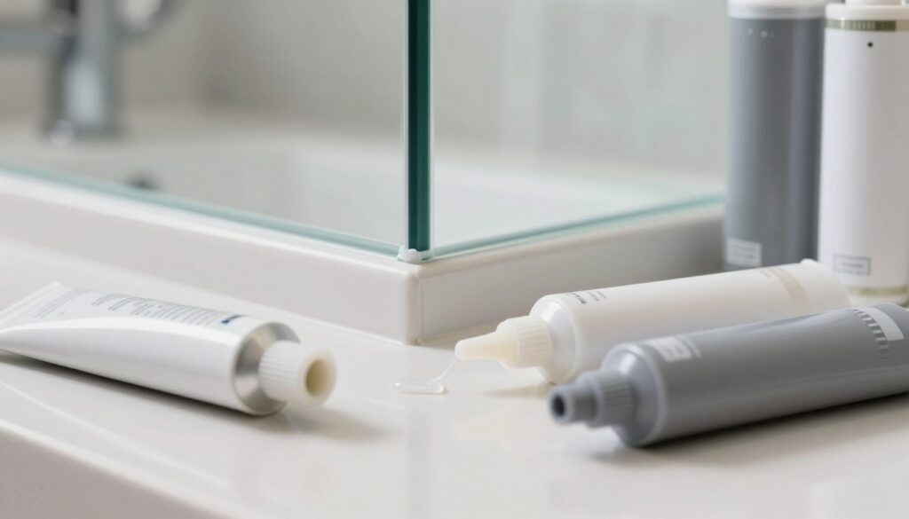 A close-up view of silicone sealants in various colors, showcasing shades like white, gray, and clear, arranged harmoniously on a modern bathroom countertop. The foreground features tubes of silicone with sleek designs, some partially squeezed to show texture. In the middle, a sample shower cabin corner is partially visible, highlighting the neat application of silicone along the edges. The background includes blurred bathroom fixtures, with soft, diffused lighting to emphasize cleanliness and aesthetics. The mood conveys a sense of modernity and hygiene, inviting the viewer to consider the interplay of color in bathroom design while ensuring the focus remains on the silicone colors and their application.