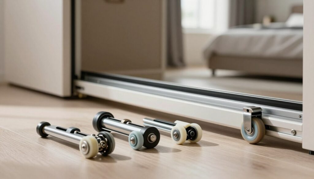 A close-up view of sliding door rollers and wheels for a wardrobe system, showcasing various types of rollers including ball bearing, nylon, and metal designs. The foreground features a small selection of rollers arranged in an aesthetically pleasing manner, highlighting their different shapes and textures. In the middle, a partially open wardrobe door reveals a smooth track system, emphasizing functionality. The background is softly blurred, featuring a modern, stylish bedroom setting with neutral colors that creates a serene atmosphere. Natural light filters through a window, casting gentle shadows and enhancing the textures of the rollers. The overall mood is professional and informative, ideal for illustrating a detailed article on selecting roller types for sliding doors. A close-up view of sliding door rollers and wheels for a wardrobe system, showcasing various types of rollers including ball bearing, nylon, and metal designs. The foreground features a small selection of rollers arranged in an aesthetically pleasing manner, highlighting their different shapes and textures. In the middle, a partially open wardrobe door reveals a smooth track system, emphasizing functionality. The background is softly blurred, featuring a modern, stylish bedroom setting with neutral colors that creates a serene atmosphere. Natural light filters through a window, casting gentle shadows and enhancing the textures of the rollers. The overall mood is professional and informative, ideal for illustrating a detailed article on selecting roller types for sliding doors.