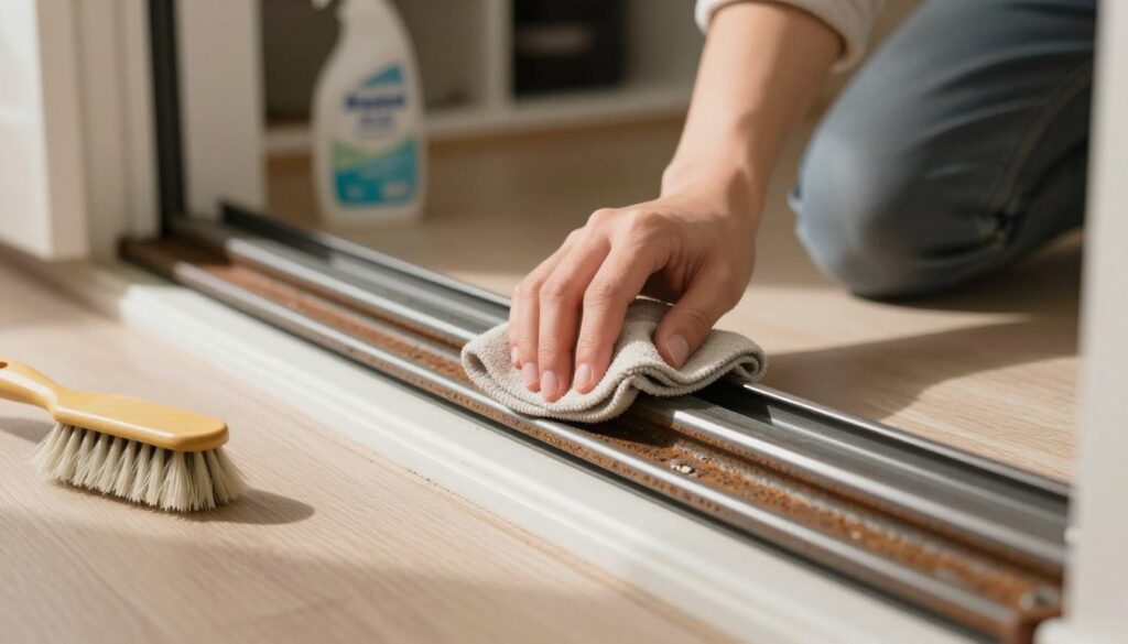 A close-up view of sliding door tracks being cleaned. In the foreground, a person wearing modest casual clothing is using a soft cloth to wipe down a rusted metal track. Their hands are focused on removing dirt and debris, with a small brush and cleaning solution bottle nearby. The middle ground shows a detailed view of the track, highlighting its grooves and any build-up of dust. Soft sunlight filters in from the left, casting gentle shadows, creating a warm and inviting atmosphere. In the background, the rest of the room is slightly blurred, revealing a clean and organized closet without distractions. The overall mood conveys a sense of maintenance and home care. A close-up view of sliding door tracks being cleaned. In the foreground, a person wearing modest casual clothing is using a soft cloth to wipe down a rusted metal track. Their hands are focused on removing dirt and debris, with a small brush and cleaning solution bottle nearby. The middle ground shows a detailed view of the track, highlighting its grooves and any build-up of dust. Soft sunlight filters in from the left, casting gentle shadows, creating a warm and inviting atmosphere. In the background, the rest of the room is slightly blurred, revealing a clean and organized closet without distractions. The overall mood conveys a sense of maintenance and home care.