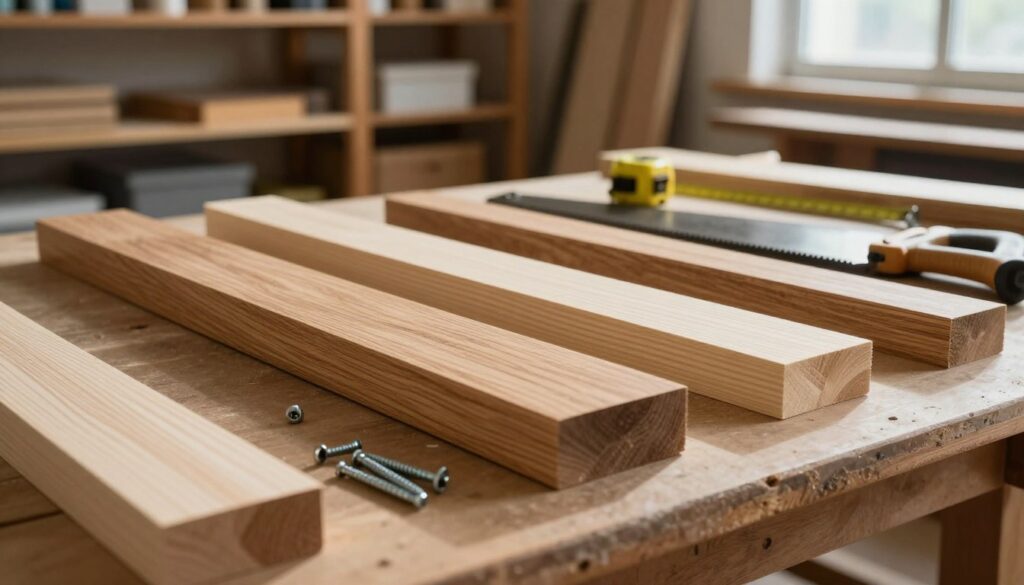 A close-up view of various types of wood pieces, including beams and planks, arranged on a workbench in a workshop setting. The foreground features a selection of wooden elements with visible grains and textures, such as oak and pine, alongside metal connectors and screws for assembly. In the middle, tools like a saw and measuring tape are included, creating an impression of a construction environment. The background should show shelving filled with other materials and a window allowing natural light to illuminate the workspace, casting dynamic shadows. The atmosphere is warm and inviting, suggesting a creative, productive setting for building a loft bed safely. Enhance the scene with a focus on detail, using soft, diffused lighting to highlight the craftsmanship. A close-up view of various types of wood pieces, including beams and planks, arranged on a workbench in a workshop setting. The foreground features a selection of wooden elements with visible grains and textures, such as oak and pine, alongside metal connectors and screws for assembly. In the middle, tools like a saw and measuring tape are included, creating an impression of a construction environment. The background should show shelving filled with other materials and a window allowing natural light to illuminate the workspace, casting dynamic shadows. The atmosphere is warm and inviting, suggesting a creative, productive setting for building a loft bed safely. Enhance the scene with a focus on detail, using soft, diffused lighting to highlight the craftsmanship.