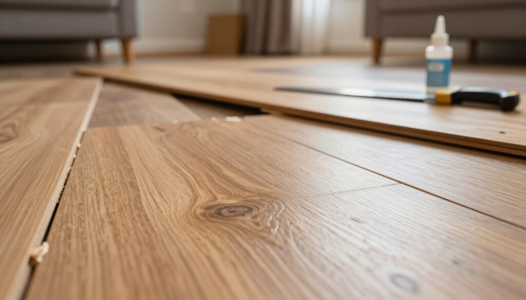 A close-up view of warped wooden floor panels, showcasing subtle bulges and slight lifting, indicating mild swelling from moisture exposure. The foreground features one particularly pronounced panel, with light reflecting off its polished surface to highlight the texture of the wood grain. In the middle, a second panel appears slightly raised, while tools such as a small hand saw and glue bottle rest nearby, suggesting a DIY repair scenario. The background is softly blurred, featuring a cozy living room setting with warm lighting filtering through soft curtains, evoking a sense of home and comfort. The overall mood is practical yet reassuring, implying an approachable solution to a common household issue. The image should be devoid of text, ensuring focus on the panels and repair efforts.