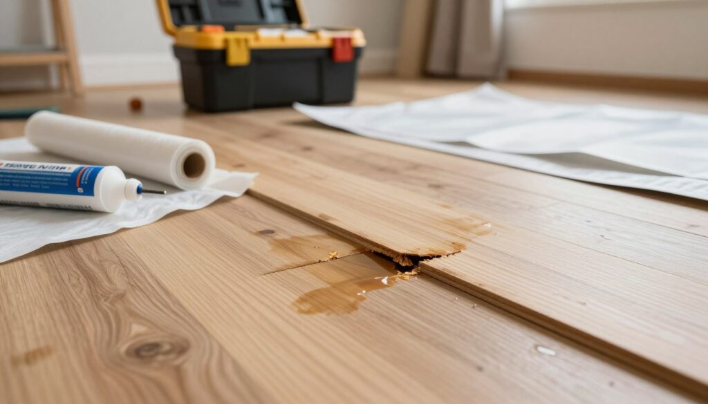 A close-up view of wooden floor panels showing signs of water damage, with one section visibly swollen and warped. In the foreground, tools and materials for moisture prevention are scattered: a moisture barrier roll, sealant, and protective mats. In the middle ground, a tidy workspace is highlighted, featuring a well-organized toolbox and clean workspace with bright, focused lighting, emphasizing the importance of prevention. The background features a subtle representation of a home interior, hinting at a cozy living space that emphasizes comfort. The atmosphere is practical and informative, reflecting a proactive approach to home maintenance. Use natural lighting to create a warm and inviting feel while maintaining clarity and detail in the image.