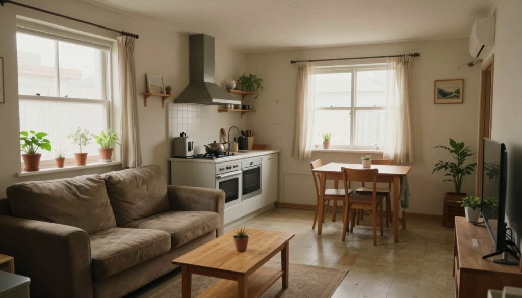 A communal apartment interior showcasing a modest yet functional living space. In the foreground, a small, cozy living room with a worn sofa, a small wooden coffee table, and a few plants on the windowsill. The middle ground features a compact kitchen with essential appliances and a dining area with a simple table and chairs. The background shows a window with sheer curtains allowing natural light to illuminate the room, creating a warm and inviting atmosphere. Soft, diffused lighting enhances the sense of homey comfort. The overall mood is one of practicality and community, reflecting the concept of shared living in a communal setting.