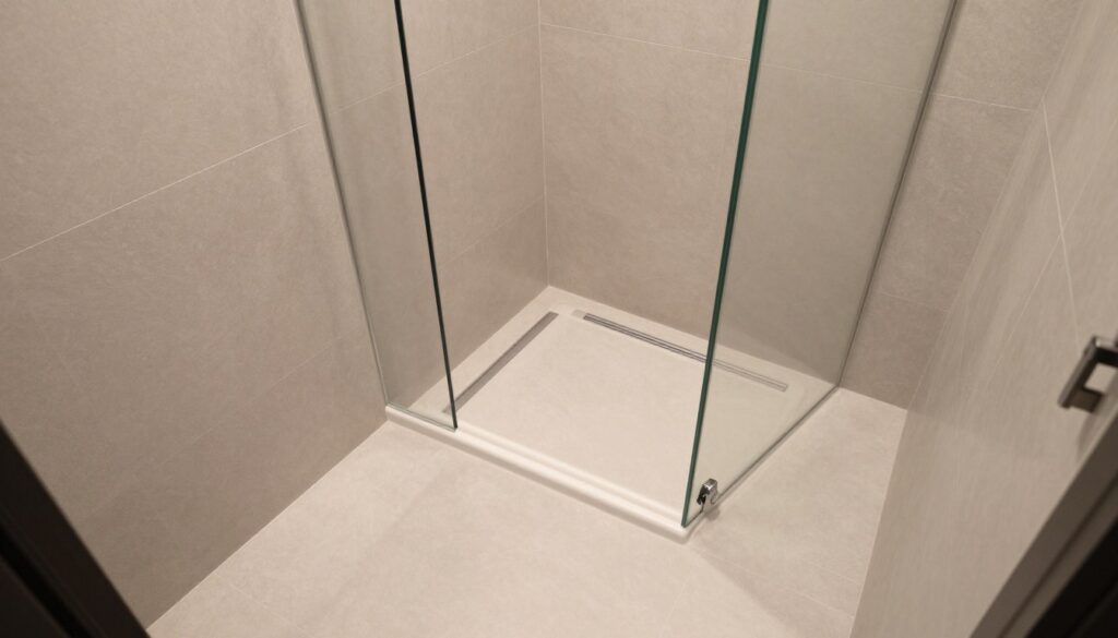 A compact and modern shower area in a small bathroom, showcasing a sleek linear drain integrated into a stylish tiled floor. The design features a transparent glass partition, elegantly curved to contain the shower space while maintaining an open feel. Soft, warm lighting highlights the textures of the tiles, creating a cozy atmosphere. From a slightly elevated angle, the viewer can admire the efficient layout that maximizes space. Subtle color schemes of grays and whites enhance the contemporary look. The image reflects a clean, minimalist aesthetic, ideal for a bathroom renovation inspiration, emphasizing functionality and design harmony. No people present, ensuring a focus on the bathroom layout and fixtures. A compact and modern shower area in a small bathroom, showcasing a sleek linear drain integrated into a stylish tiled floor. The design features a transparent glass partition, elegantly curved to contain the shower space while maintaining an open feel. Soft, warm lighting highlights the textures of the tiles, creating a cozy atmosphere. From a slightly elevated angle, the viewer can admire the efficient layout that maximizes space. Subtle color schemes of grays and whites enhance the contemporary look. The image reflects a clean, minimalist aesthetic, ideal for a bathroom renovation inspiration, emphasizing functionality and design harmony. No people present, ensuring a focus on the bathroom layout and fixtures.