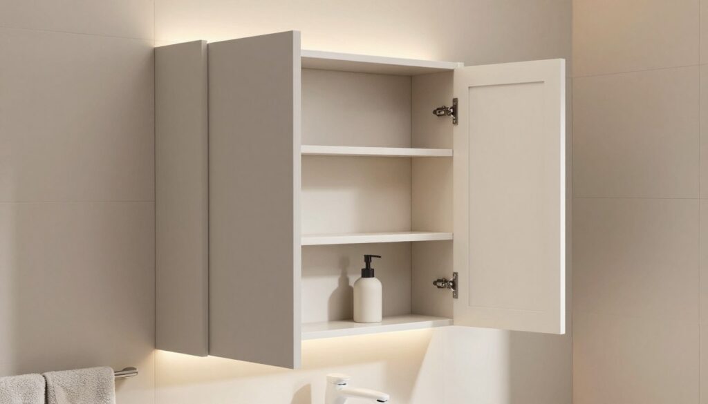 A contemporary bathroom cabinet with elegant doors, designed for small spaces. The cabinet features sleek, minimalist lines and is painted in soft, neutral colors to enhance the feeling of openness. The doors are designed to open outward, displayed in an inviting manner, showcasing organized interior shelves. The foreground includes a plush bath mat and a stylish soap dispenser for a homey touch. The middle section focuses on the cabinet, highlighted by warm, soft lighting to create a cozy atmosphere. The background presents a tastefully tiled wall with muted tones, blending seamlessly with the cabinet design. The angle captures the cabinet slightly from the side, emphasizing its functionality and accessibility. The overall mood is serene and practical, ideal for small bathroom solutions. A contemporary bathroom cabinet with elegant doors, designed for small spaces. The cabinet features sleek, minimalist lines and is painted in soft, neutral colors to enhance the feeling of openness. The doors are designed to open outward, displayed in an inviting manner, showcasing organized interior shelves. The foreground includes a plush bath mat and a stylish soap dispenser for a homey touch. The middle section focuses on the cabinet, highlighted by warm, soft lighting to create a cozy atmosphere. The background presents a tastefully tiled wall with muted tones, blending seamlessly with the cabinet design. The angle captures the cabinet slightly from the side, emphasizing its functionality and accessibility. The overall mood is serene and practical, ideal for small bathroom solutions.
