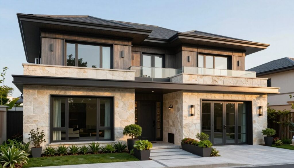 A contemporary facade of a stylish modern house featuring a graphite-colored roof, showcasing a harmonious blend of materials such as natural stone, textured wood, and sleek metal accents. In the foreground, elegant planters with lush greenery and small bushes bring life to the entrance. The middle section displays large, expansive windows reflecting sunlight, highlighting clean lines and a sophisticated architectural design. The background features a clear blue sky with soft, diffused lighting that creates a warm and inviting atmosphere. The composition is shot at a slight angle, enhancing the depth and perspective, while conveying a feeling of luxury and understated elegance. The overall mood is serene and upscale, perfect for illustrating premium materials that complement the structure without overwhelming its design.