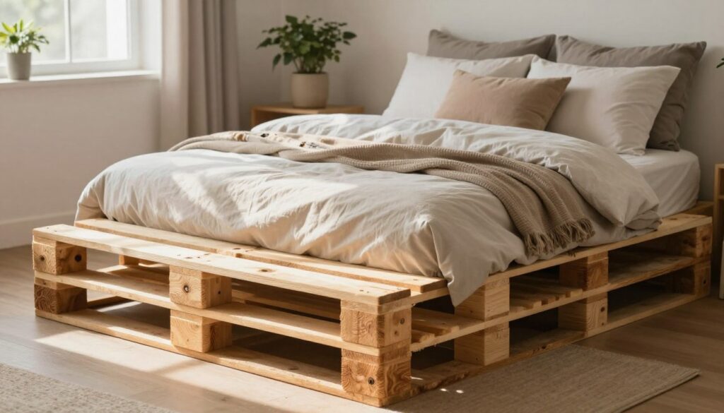 A cozy and inviting bedroom featuring a bed constructed from wooden pallets. In the foreground, showcase the pallets with visible textures and grain, stacked neatly to create a sturdy base for the bed. Light filtering through a window casts warm, natural light onto the scene, enhancing the wood's aesthetic. In the middle ground, the bed is adorned with soft, neutral bedding and decorative pillows, emphasizing comfort. In the background, a simple yet stylish room decor, including potted plants and minimalist furniture, adds to the serene atmosphere. The overall composition should convey a sense of stability and homeliness, perfect for illustrating the topic of pallet beds.