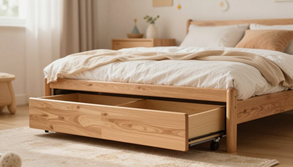 A cozy and modern bedroom scene centered around a stylish, multifunctional furniture piece featuring a drawer container. The foreground showcases a beautifully crafted wooden bed frame with an integrated storage solution underneath, showcasing spacious drawers and a sleek design. In the middle ground, soft, warm lighting illuminates the room, highlighting the inviting textures of the bedding and the natural wood finish of the furniture. The background includes a gently decorated wall with pastel colors and minimalistic decor to create a child-friendly atmosphere. Use a soft focus lens to enhance the warmth of the scene, evoking a sense of safety and comfort ideal for young children. The overall mood is calm and nurturing, perfect for a space designed for a toddler's peaceful sleep. A cozy and modern bedroom scene centered around a stylish, multifunctional furniture piece featuring a drawer container. The foreground showcases a beautifully crafted wooden bed frame with an integrated storage solution underneath, showcasing spacious drawers and a sleek design. In the middle ground, soft, warm lighting illuminates the room, highlighting the inviting textures of the bedding and the natural wood finish of the furniture. The background includes a gently decorated wall with pastel colors and minimalistic decor to create a child-friendly atmosphere. Use a soft focus lens to enhance the warmth of the scene, evoking a sense of safety and comfort ideal for young children. The overall mood is calm and nurturing, perfect for a space designed for a toddler's peaceful sleep.