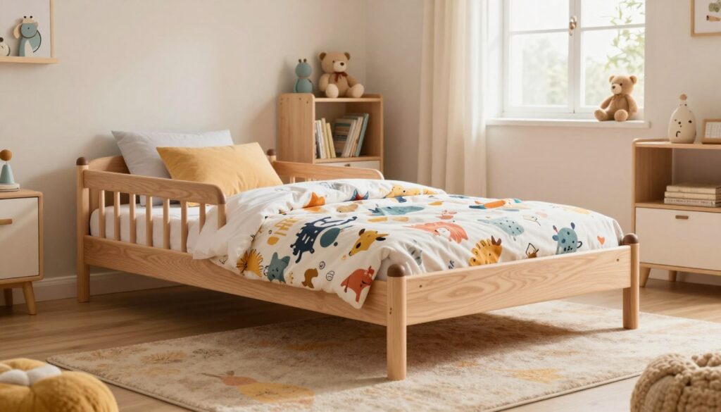 A cozy and safe children’s bedroom featuring a toddler-friendly bed. The foreground shows a sturdy, low-profile wooden bed with rounded edges and safety railings, adorned with colorful bedding featuring friendly animal patterns. In the middle ground, a soft rug in warm tones adds comfort, complementing a cheerful, inviting atmosphere. The background reveals gentle wall colors and playful decor, including stuffed animals and bookshelves. Natural light streams through a nearby window, creating a warm and welcoming glow, while the room is arranged in a way that promotes safety and accessibility. The scene exudes a peaceful and nurturing vibe, perfect for a child’s space. A cozy and safe children’s bedroom featuring a toddler-friendly bed. The foreground shows a sturdy, low-profile wooden bed with rounded edges and safety railings, adorned with colorful bedding featuring friendly animal patterns. In the middle ground, a soft rug in warm tones adds comfort, complementing a cheerful, inviting atmosphere. The background reveals gentle wall colors and playful decor, including stuffed animals and bookshelves. Natural light streams through a nearby window, creating a warm and welcoming glow, while the room is arranged in a way that promotes safety and accessibility. The scene exudes a peaceful and nurturing vibe, perfect for a child’s space.