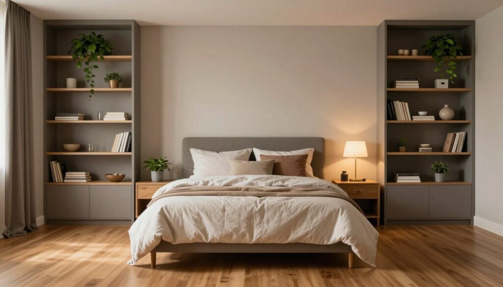 A cozy bedroom scene featuring a well-designed bed with elegant soft linens, flanked by modern built-in shelving and storage units. The shelving is tastefully decorated with plants, books, and decorative items, creating an organized and inviting atmosphere. The foreground highlights a smooth wooden floor that enhances the warmth of the space. In the middle ground, the bed and nightstands are arranged neatly, complemented by subtle ambient lighting that casts a soft glow, suggesting tranquility. The background showcases a softly painted wall, partially protected by the sleek shelving, illustrating functionality and style. The overall mood is serene and orderly, perfect for a peaceful retreat. A cozy bedroom scene featuring a well-designed bed with elegant soft linens, flanked by modern built-in shelving and storage units. The shelving is tastefully decorated with plants, books, and decorative items, creating an organized and inviting atmosphere. The foreground highlights a smooth wooden floor that enhances the warmth of the space. In the middle ground, the bed and nightstands are arranged neatly, complemented by subtle ambient lighting that casts a soft glow, suggesting tranquility. The background showcases a softly painted wall, partially protected by the sleek shelving, illustrating functionality and style. The overall mood is serene and orderly, perfect for a peaceful retreat.