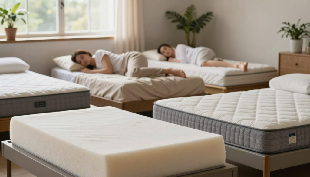 A cozy bedroom setting featuring a selection of mattresses on display. In the foreground, a high-quality foam mattress with a plush, inviting surface is contrasted with a firm spring mattress, both positioned on a stylish bed frame. The middle ground includes a neatly made bed with soft bedding, showcasing pillows designed for varied sleeping positions—side, back, and stomach sleepers. In the background, a softly lit window filters in natural light, illuminating the room with a warm glow, and plants add a touch of freshness. The overall mood is serene and comfortable, ideal for conveying the importance of choosing the right mattress for individual sleeping positions and body types. Use soft focus for depth and clarity in the details. A cozy bedroom setting featuring a selection of mattresses on display. In the foreground, a high-quality foam mattress with a plush, inviting surface is contrasted with a firm spring mattress, both positioned on a stylish bed frame. The middle ground includes a neatly made bed with soft bedding, showcasing pillows designed for varied sleeping positions—side, back, and stomach sleepers. In the background, a softly lit window filters in natural light, illuminating the room with a warm glow, and plants add a touch of freshness. The overall mood is serene and comfortable, ideal for conveying the importance of choosing the right mattress for individual sleeping positions and body types. Use soft focus for depth and clarity in the details.