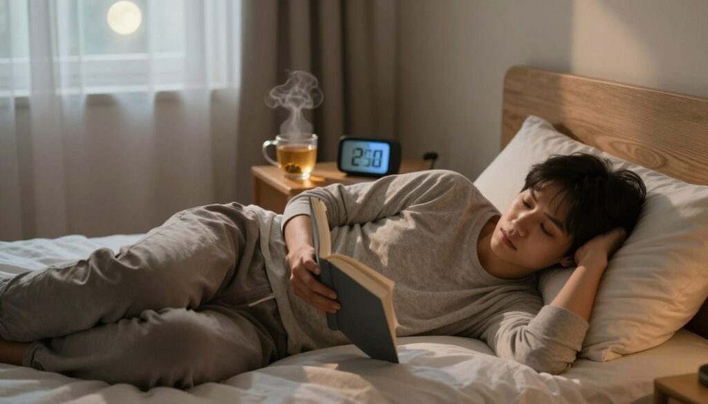 A cozy bedroom setting where a person is lying on a neatly made bed, wide awake and alert, surrounded by soft, warm lighting. The foreground features the individual, a young adult in casual, modest attire, resting on their side with a determined expression, holding a book in one hand while the other hand is propping up their head. In the middle, a bedside table holds a steaming cup of herbal tea and a digital alarm clock showing late-night hours. The background features a softly lit window with curtains partially drawn, allowing moonlight to filter in, creating a tranquil yet focused atmosphere. The overall mood is one of concentration and calm, emphasizing the challenge of staying awake in a serene but inviting environment. A cozy bedroom setting where a person is lying on a neatly made bed, wide awake and alert, surrounded by soft, warm lighting. The foreground features the individual, a young adult in casual, modest attire, resting on their side with a determined expression, holding a book in one hand while the other hand is propping up their head. In the middle, a bedside table holds a steaming cup of herbal tea and a digital alarm clock showing late-night hours. The background features a softly lit window with curtains partially drawn, allowing moonlight to filter in, creating a tranquil yet focused atmosphere. The overall mood is one of concentration and calm, emphasizing the challenge of staying awake in a serene but inviting environment.