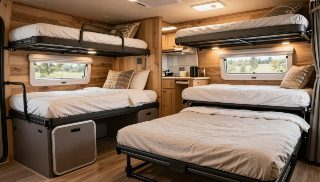 A cozy camper interior showcasing various types of beds, including a fixed bed, a foldable option, a pull-out design, a bunk bed, and a ceiling-mounted bed. In the foreground, a neatly made foldable bed with soft, comfortable bedding, positioned next to a compact, stylish storage unit. In the middle ground, the fixed bed set against a warm wooden panel wall, adorned with decorative pillows, while the pull-out bed is partially extended under the fixed one. The background features the camper's kitchenette, with soft, warm lighting highlighting the space's functionality and comfort. The atmosphere is inviting and practical, designed for travel and relaxation, captured from a slight angle to showcase depth and accessibility. A cozy camper interior showcasing various types of beds, including a fixed bed, a foldable option, a pull-out design, a bunk bed, and a ceiling-mounted bed. In the foreground, a neatly made foldable bed with soft, comfortable bedding, positioned next to a compact, stylish storage unit. In the middle ground, the fixed bed set against a warm wooden panel wall, adorned with decorative pillows, while the pull-out bed is partially extended under the fixed one. The background features the camper's kitchenette, with soft, warm lighting highlighting the space's functionality and comfort. The atmosphere is inviting and practical, designed for travel and relaxation, captured from a slight angle to showcase depth and accessibility.