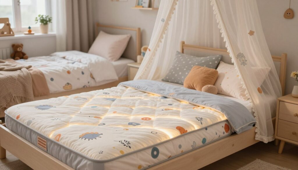 A cozy children's bedroom featuring a securely fitted bed with colorful protective mattress covers and beautiful cotton sheets designed to prevent nighttime accidents. In the foreground, a soft, cushioned mattress protector glows gently under warm, inviting light. The middle ground showcases a cheerful canopy bed adorned with playful patterns and plush pillows, creating a sense of safety and comfort. In the background, a softly lit, tidy room filled with toys, books, and whimsical decor enhances the serene atmosphere. The angle is slightly elevated, giving a sense of depth, while the soft pastel colors maintain a calm and reassuring mood, perfect for promoting peace and support in daily routines for children. A cozy children's bedroom featuring a securely fitted bed with colorful protective mattress covers and beautiful cotton sheets designed to prevent nighttime accidents. In the foreground, a soft, cushioned mattress protector glows gently under warm, inviting light. The middle ground showcases a cheerful canopy bed adorned with playful patterns and plush pillows, creating a sense of safety and comfort. In the background, a softly lit, tidy room filled with toys, books, and whimsical decor enhances the serene atmosphere. The angle is slightly elevated, giving a sense of depth, while the soft pastel colors maintain a calm and reassuring mood, perfect for promoting peace and support in daily routines for children.